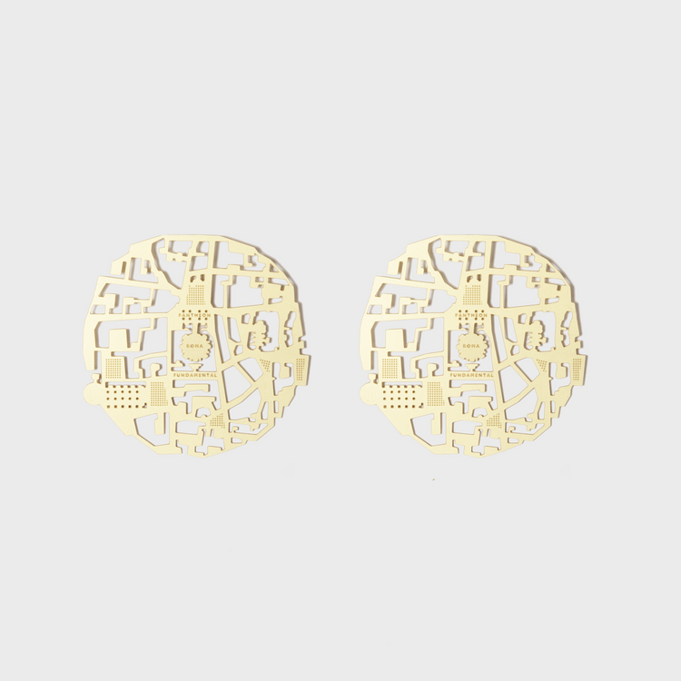Roma 2 Coasters, a round brass coaster cut with Nolli's plan of Rome